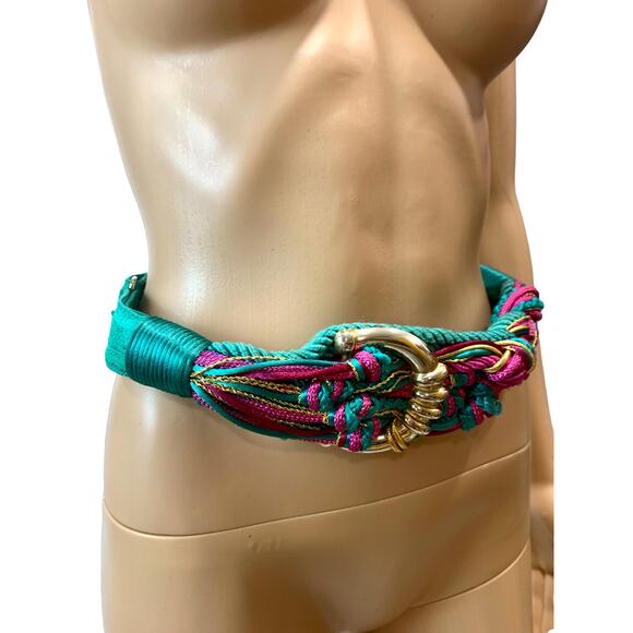 80s Boho Gypsy Teal Fuchsia and Gold Cord Knot Obi Belt - Picture 7 of 8